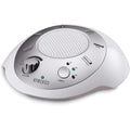 Homedics SoundSleep portable white noise machine front view showing silver finish and sound control buttons.