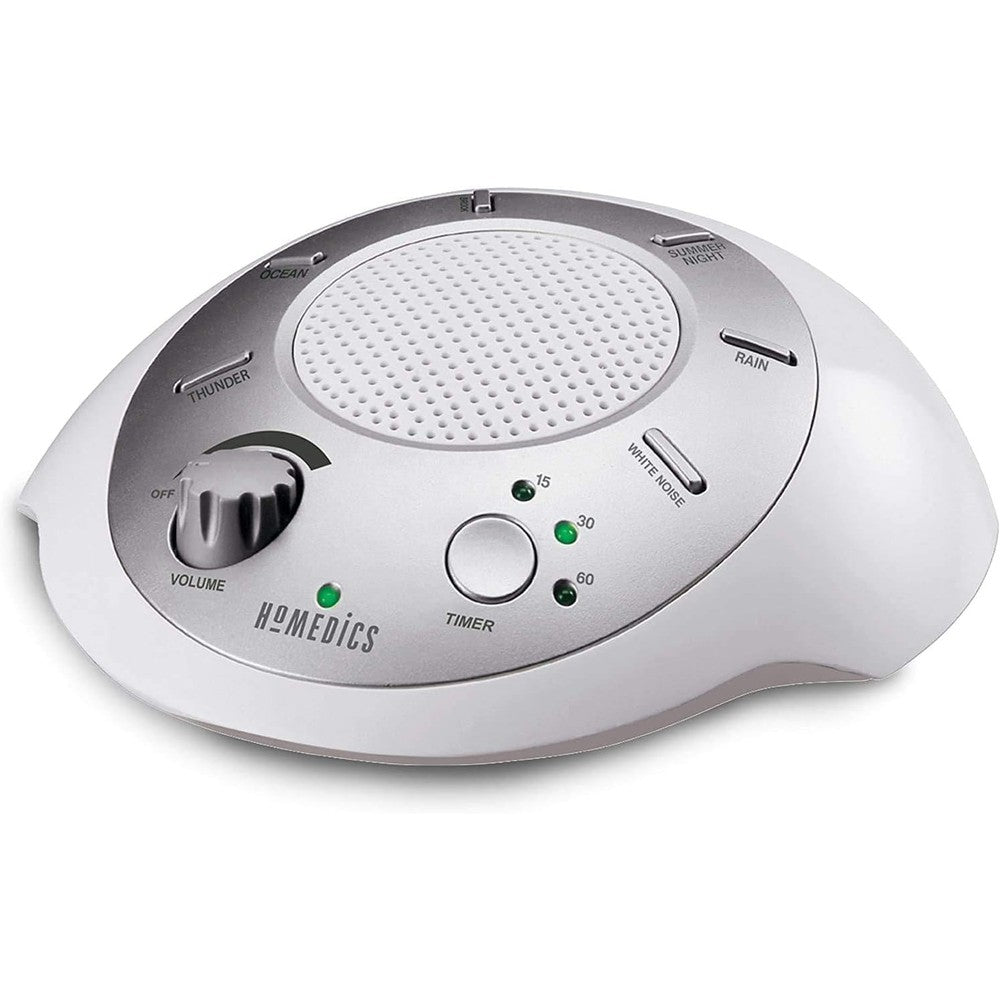 Homedics SoundSleep portable white noise machine front view showing silver finish and sound control buttons.