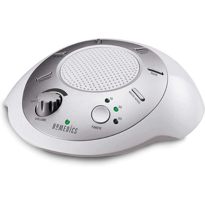 Homedics SoundSleep portable white noise machine front view showing silver finish and sound control buttons.