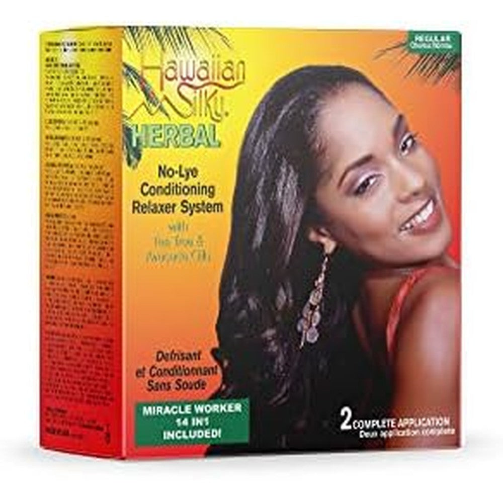 Hawaiian Silky Herbal No Lye Regular Relaxer Kit front view showing the complete two application packaging.