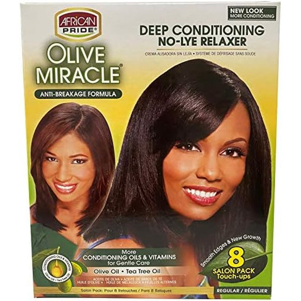 African Pride Olive Miracle Deep Conditioning No Lye Relaxer Regular Kit front view of packaging showcasing hair straightening benefits.