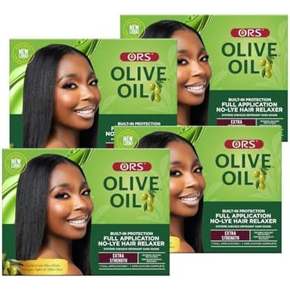 ORS Olive Oil Built-In Protection No-Lye Hair Relaxer Extra Strength front view package showcasing the complete 4 pack setup for coarse hair straightening.