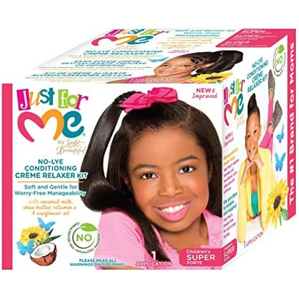 Just For Me No-Lye Relaxer Kit front view showing the complete children's super conditioning hair system package.