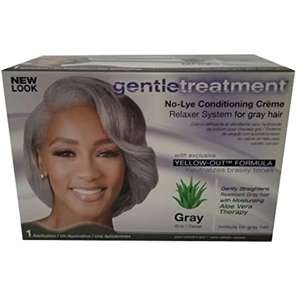 Gentle Treatment Relaxer for Grey No-Lye Kit front packaging highlighting the Yellow-Out formula for gray hair straightening.