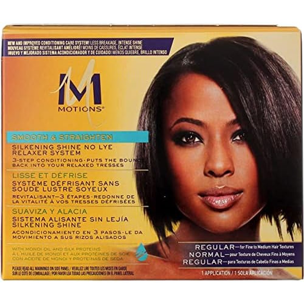 Motions Smooth and Straighten Silkening Shine No Lye Relaxer System front view package for permanent hair straightening.