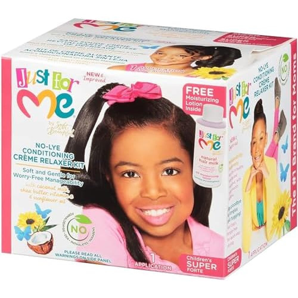 Just For Me No Lye Conditioning Creme Relaxer Kit Children's Super front view of packaging for hair straightening
