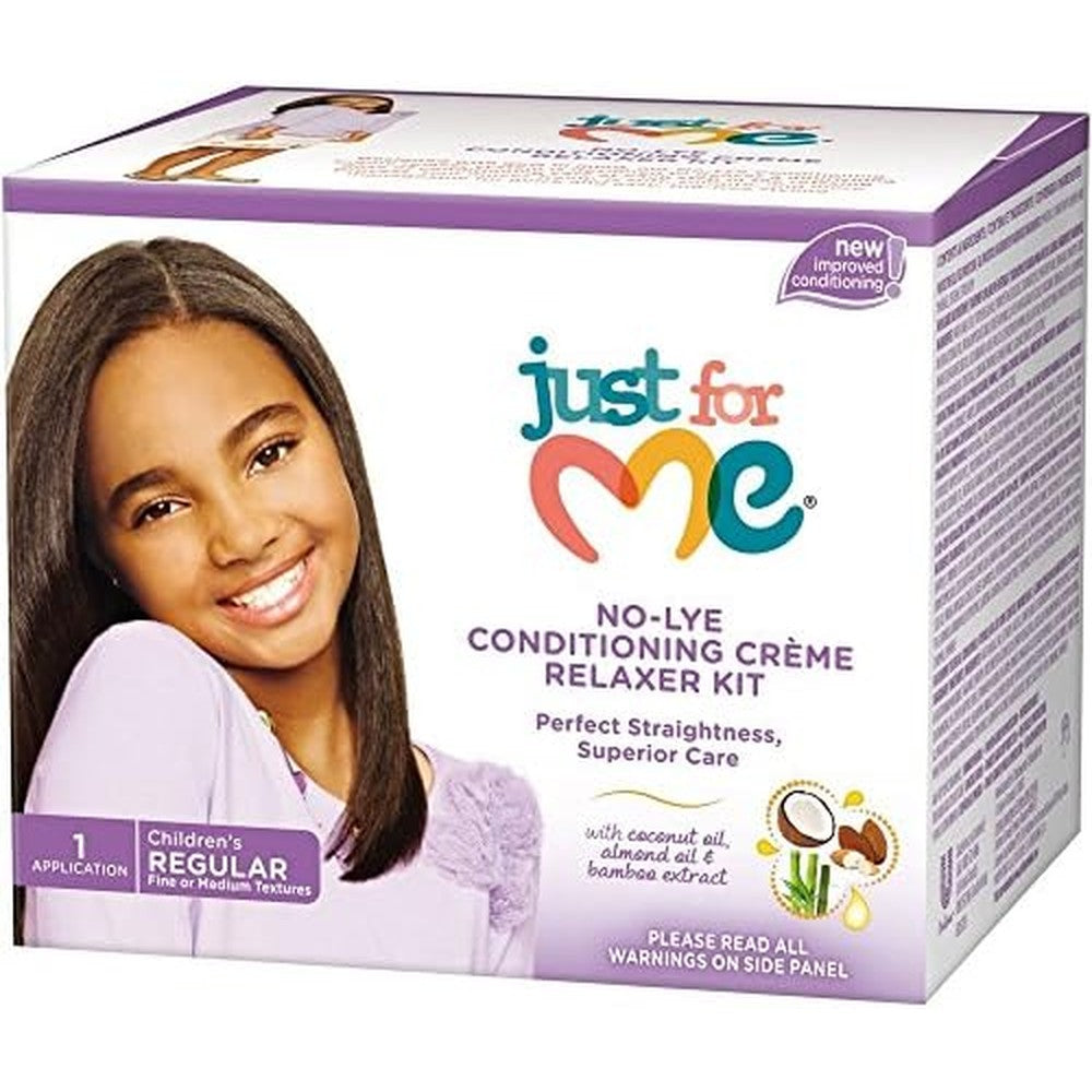 Just My Style Just For Me Relaxer Kit Regular front view packaging showing the complete hair straightening system.