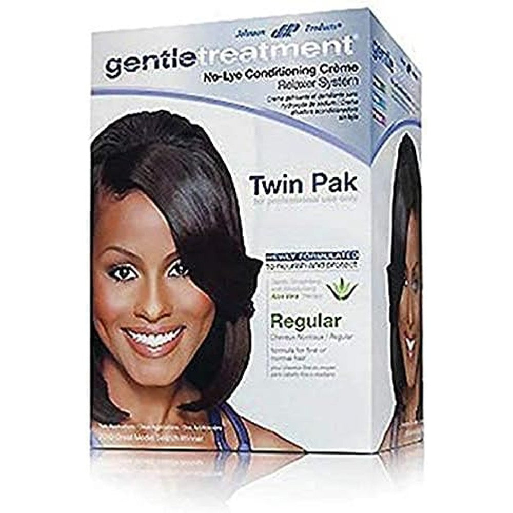 Johnson and Johnson Gentle Treatment No Lye Relaxer Twin Pack front packaging showing the conditioning creme straightener boxes.