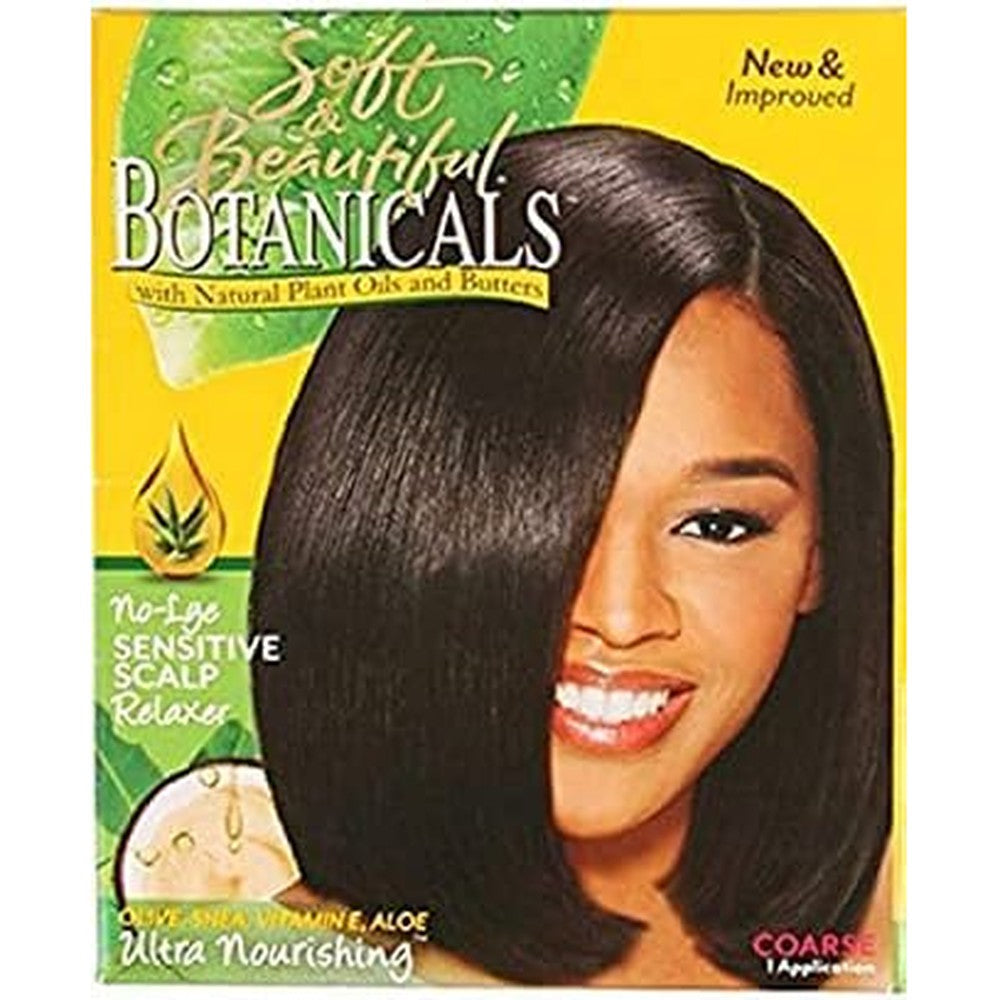 Soft and Beautiful Botanicals No Lye Sensitive Scalp Relaxer Coarse front packaging view for premium salon results.