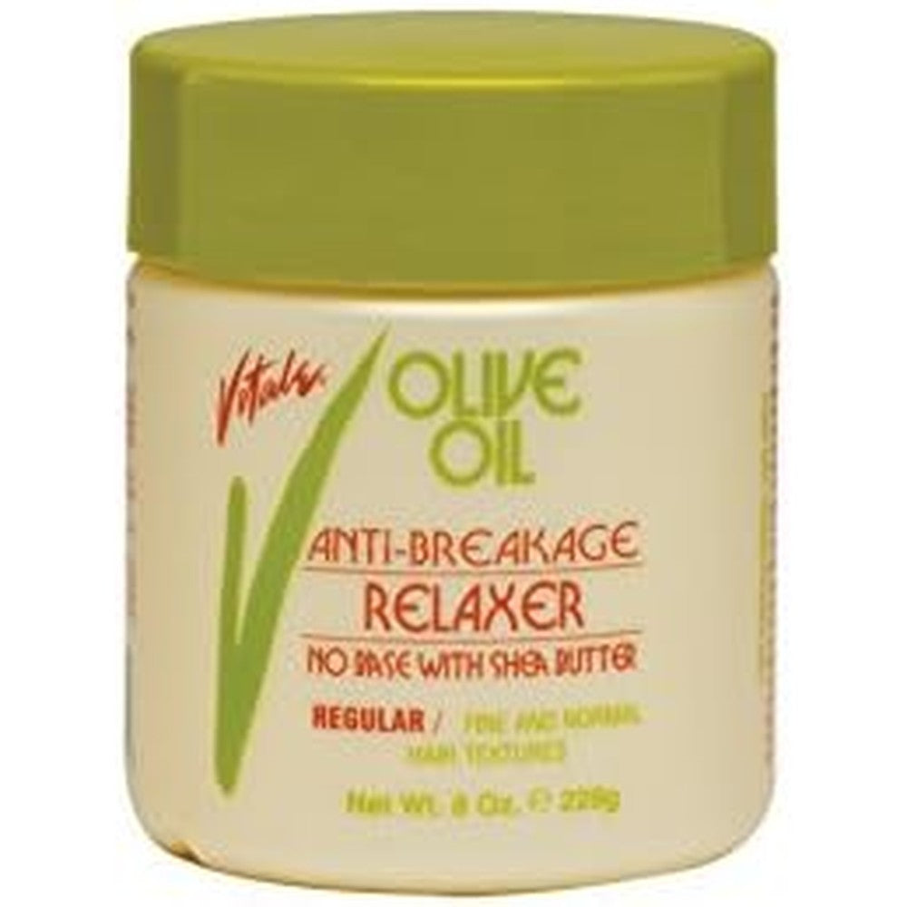Vitale Olive Oil Anti Breakage No Base Relaxer Regular eight ounce tub front view professional hair straightening treatment.