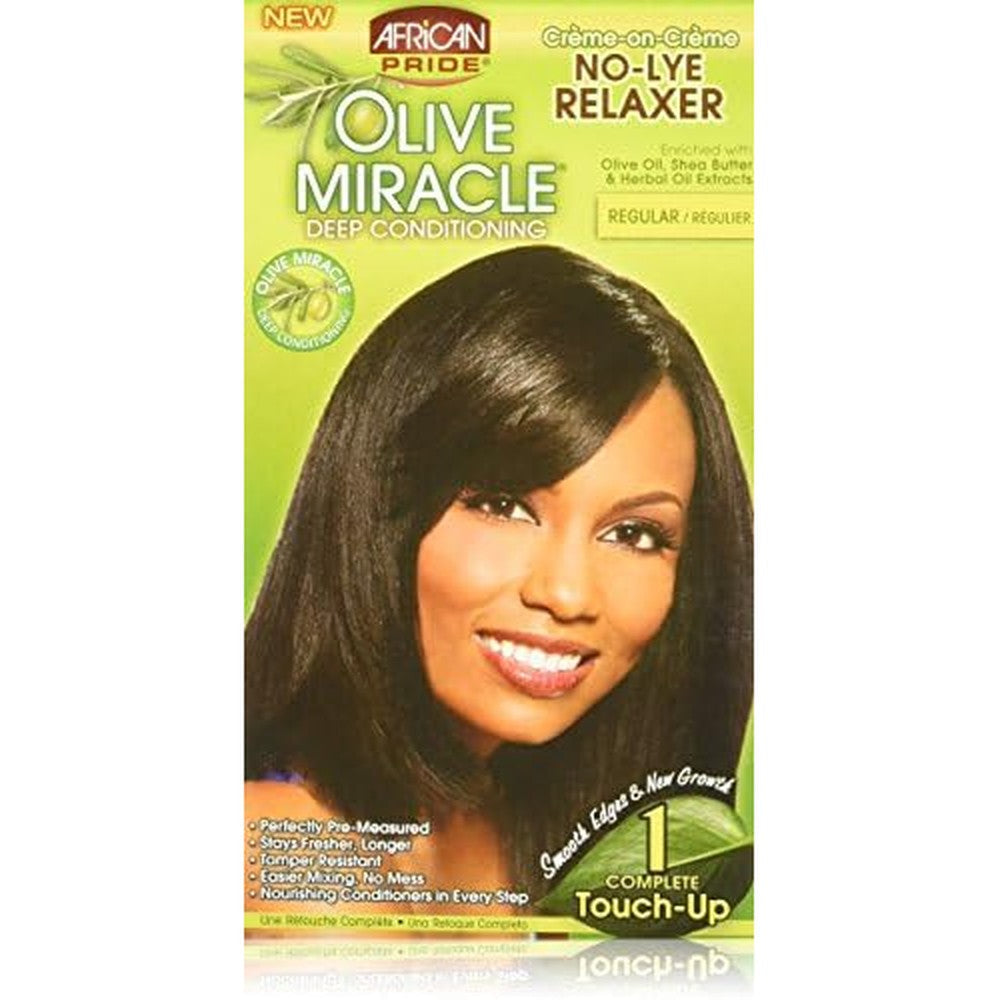 African Pride Olive Miracle One Touch-Up Kit Regular front view displaying imported packaging details