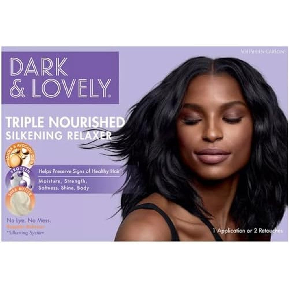 SoftSheen Carson Dark and Lovely Triple Nourished Silkening Relaxer kit front view for hair straightening.