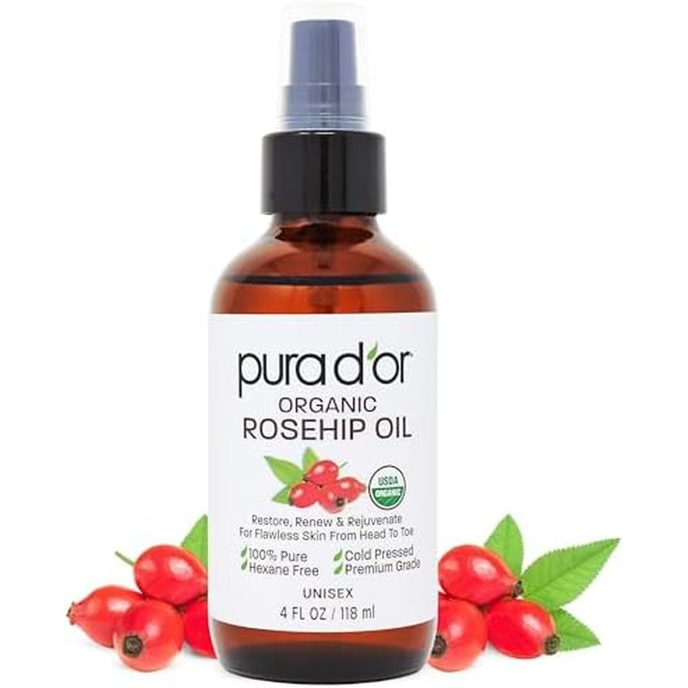PURA D'OR Organic Rosehip Seed Oil front view of the four ounce bottle showcasing the USDA organic seal.