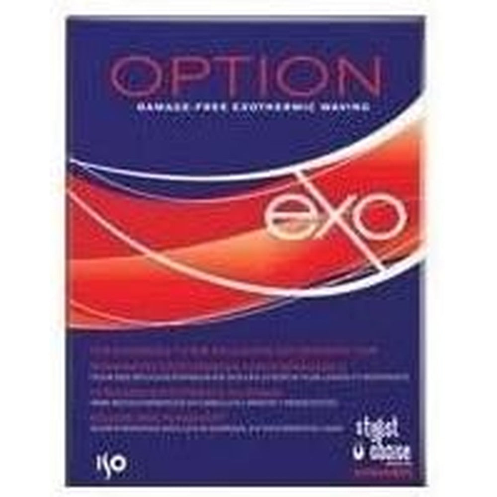 Iso Hair Perm Professional Option EXO exothermic waving kit box front view showcasing professional salon grade packaging.