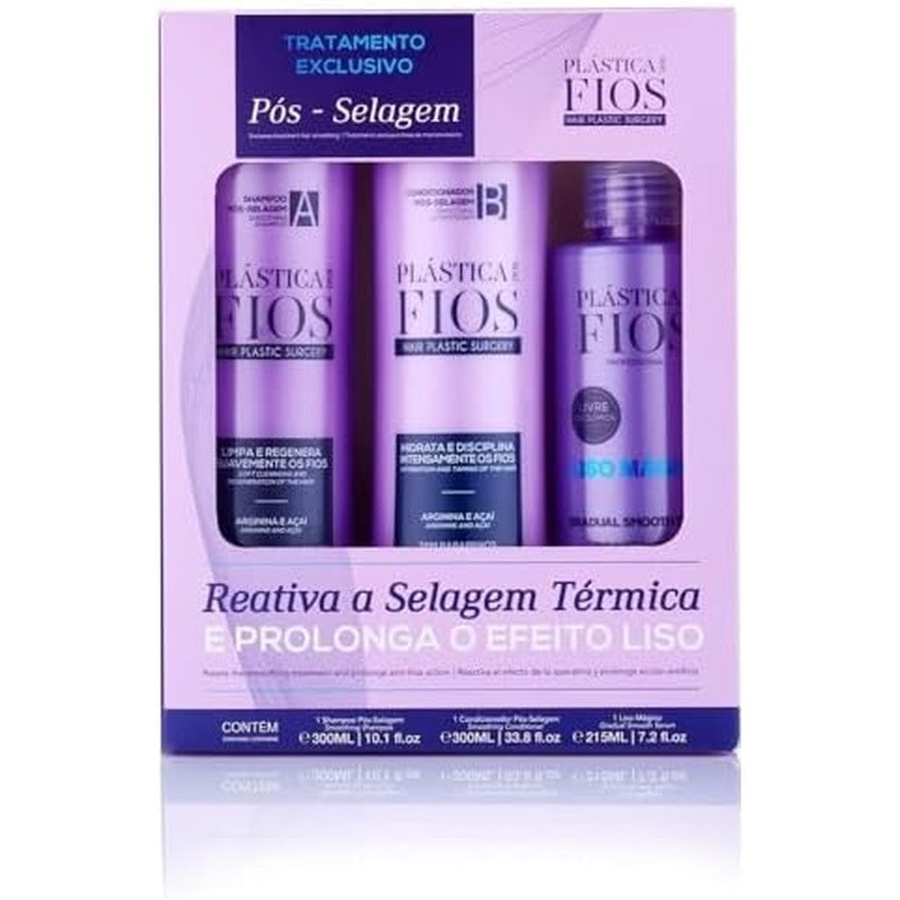 Cadiveu Professional Plastica dos Fios Post Sealing Kit front view showing shampoo conditioner and serum bottles