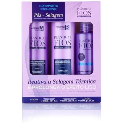 Cadiveu Professional Plastica dos Fios Post Sealing Kit front view showing shampoo conditioner and serum bottles