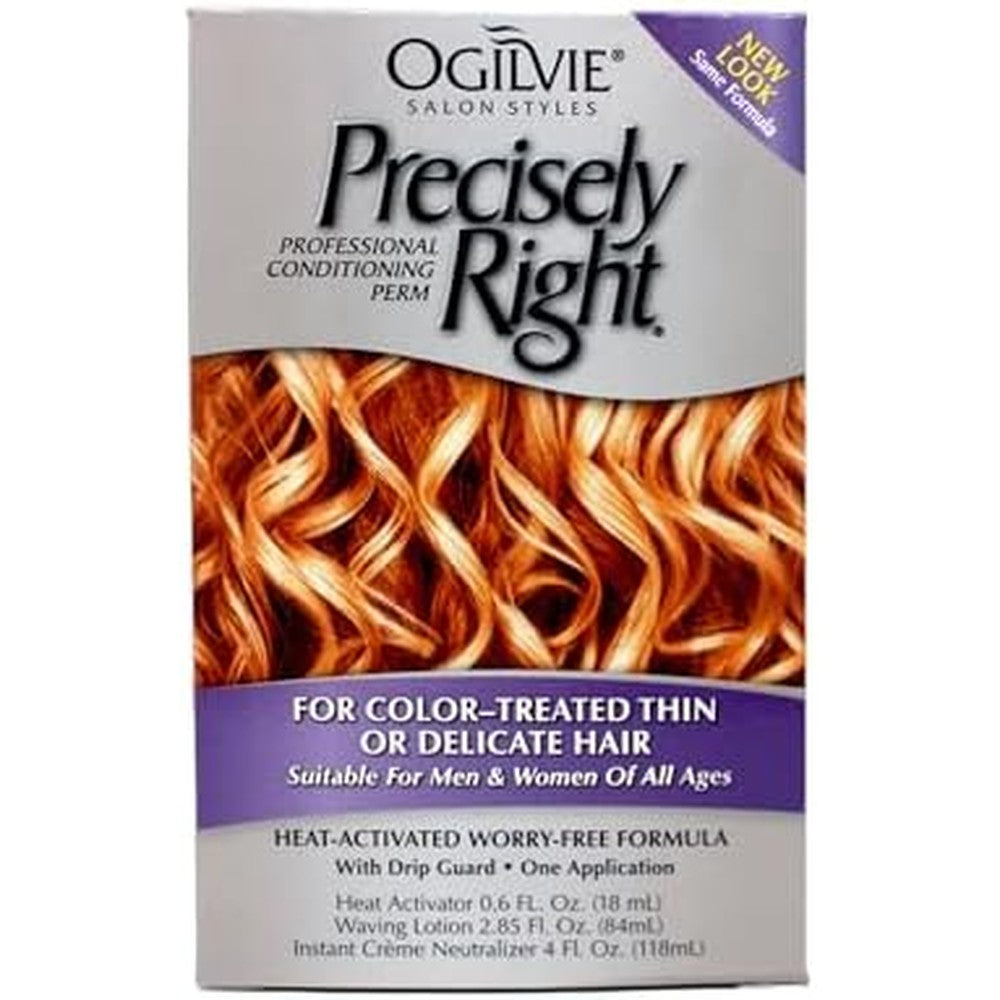 Ogilvie Precisely Right Perm box front view showcasing heat-activated formula for delicate hair.