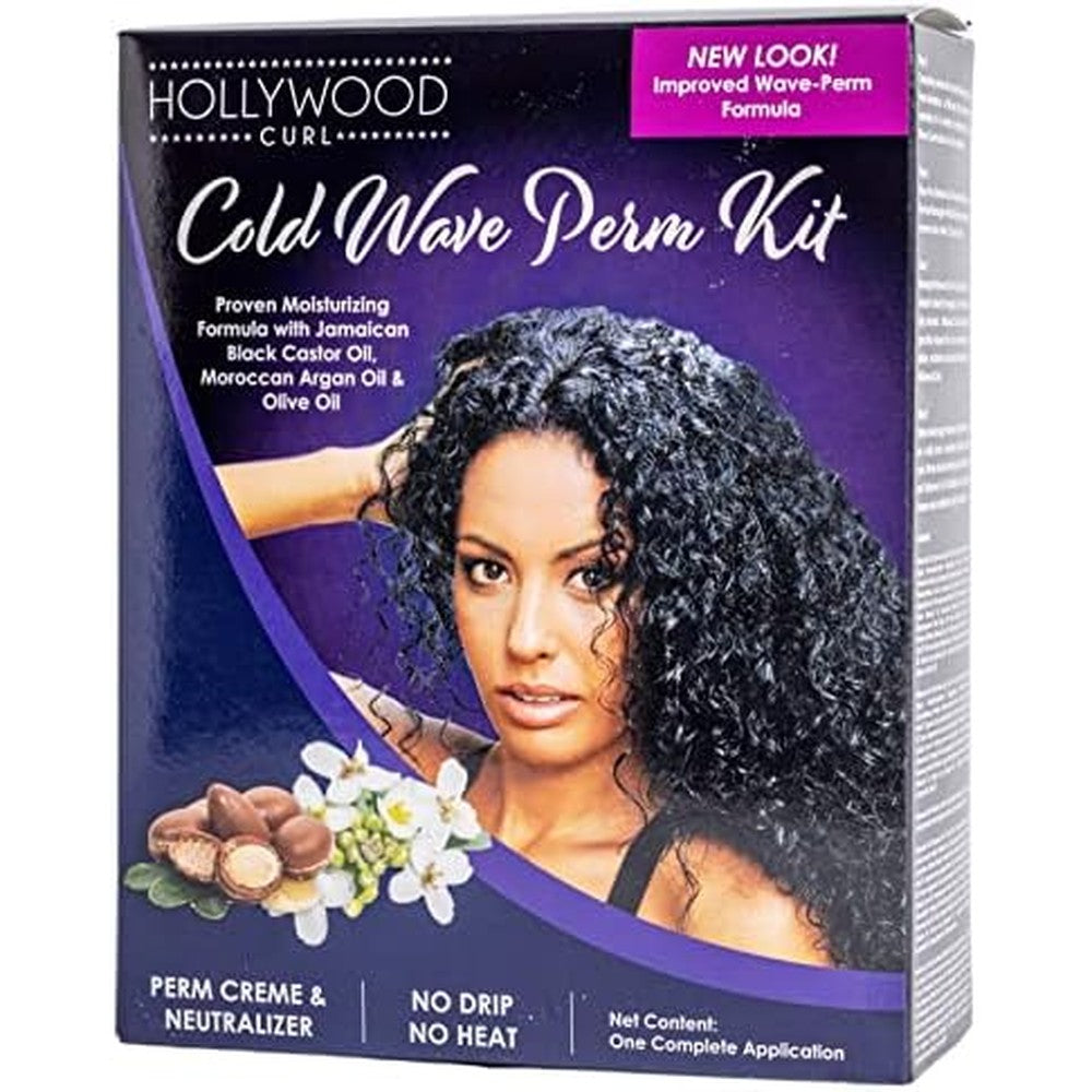 Hollywood Cosmetics Hollywood Curl Cold Wave Perm Kit front packaging view showcasing heatless curl texturizing system