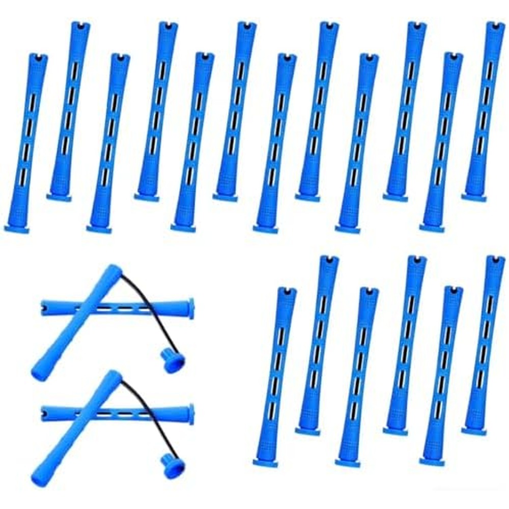 WILLBOND blue perm rods front view showing 20 pieces set with steel pintail comb for hair styling
