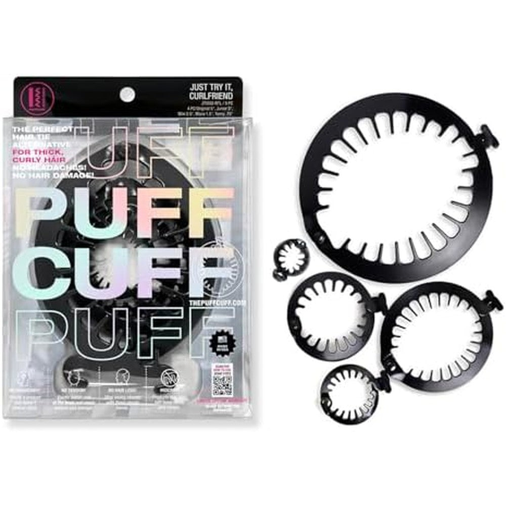 PuffCuff Just Try It Curlfriend hair clamp variety pack front view showing five different sizes of black curly hair clips.