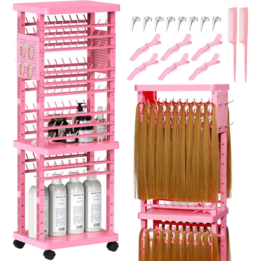 Sunnacate braiding rack with tools front view of pink standing hair separator