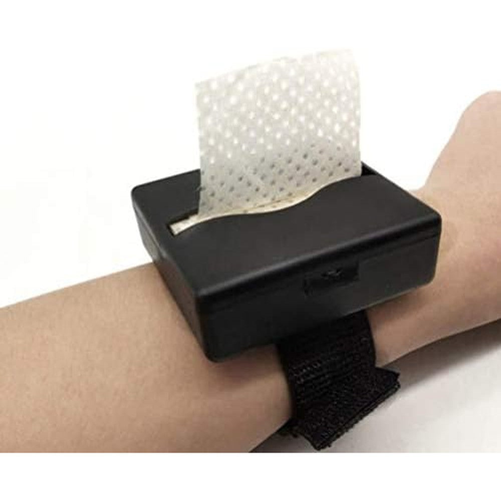 Kallory salon perm paper wrist dispenser box front view showing the black portable case and elastic strap