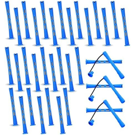 NUDFSY plastic perm rods front view showing thirty blue rollers for short hair styling.