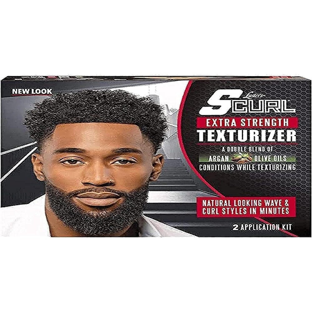 Luster's SCurl Extra Strength Texturizer kit front box view displaying curl fade hairstyle graphic