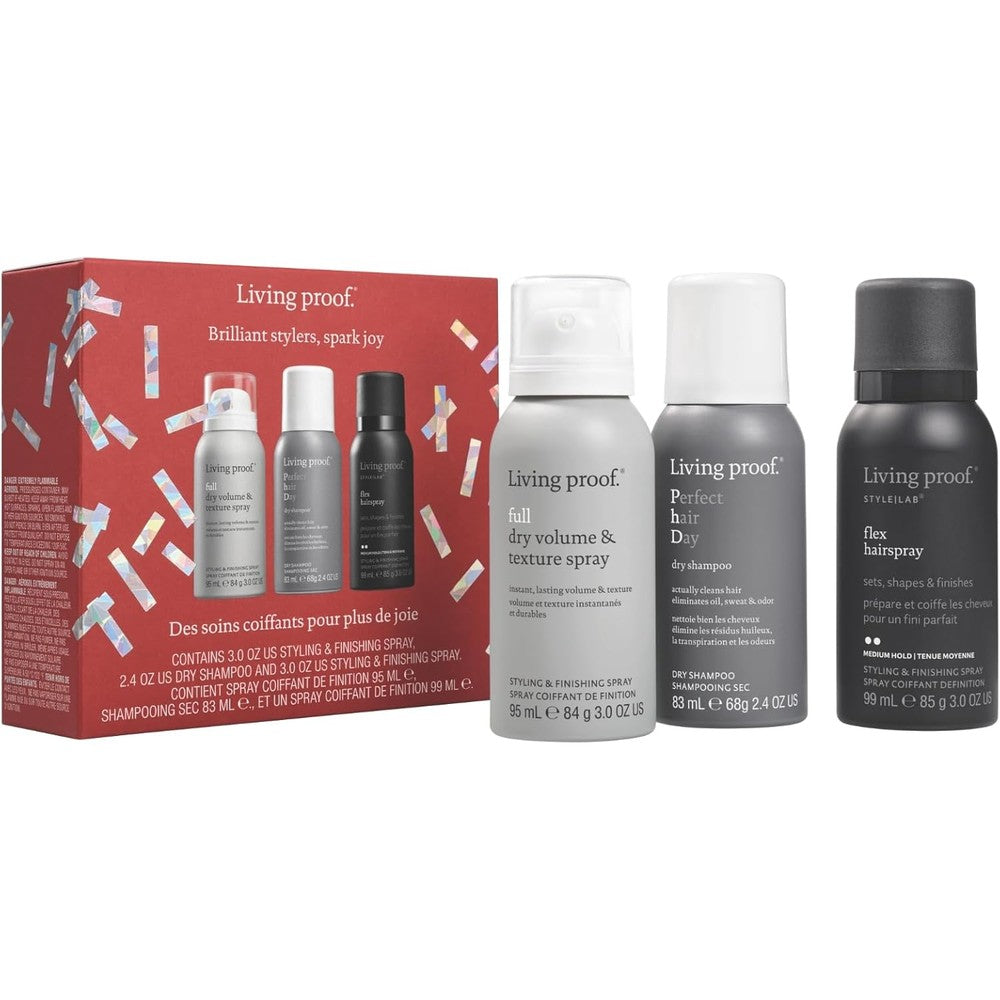 Living Proof Travel Size Brilliant Stylers Holiday Kit front view packaging showing three mini styling bottles.