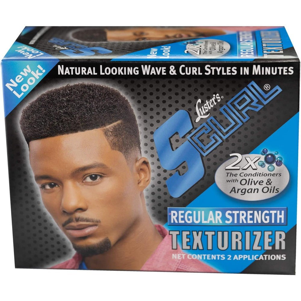 Luster's SCurl Regular Strength Texturizer box front view showing natural wave results