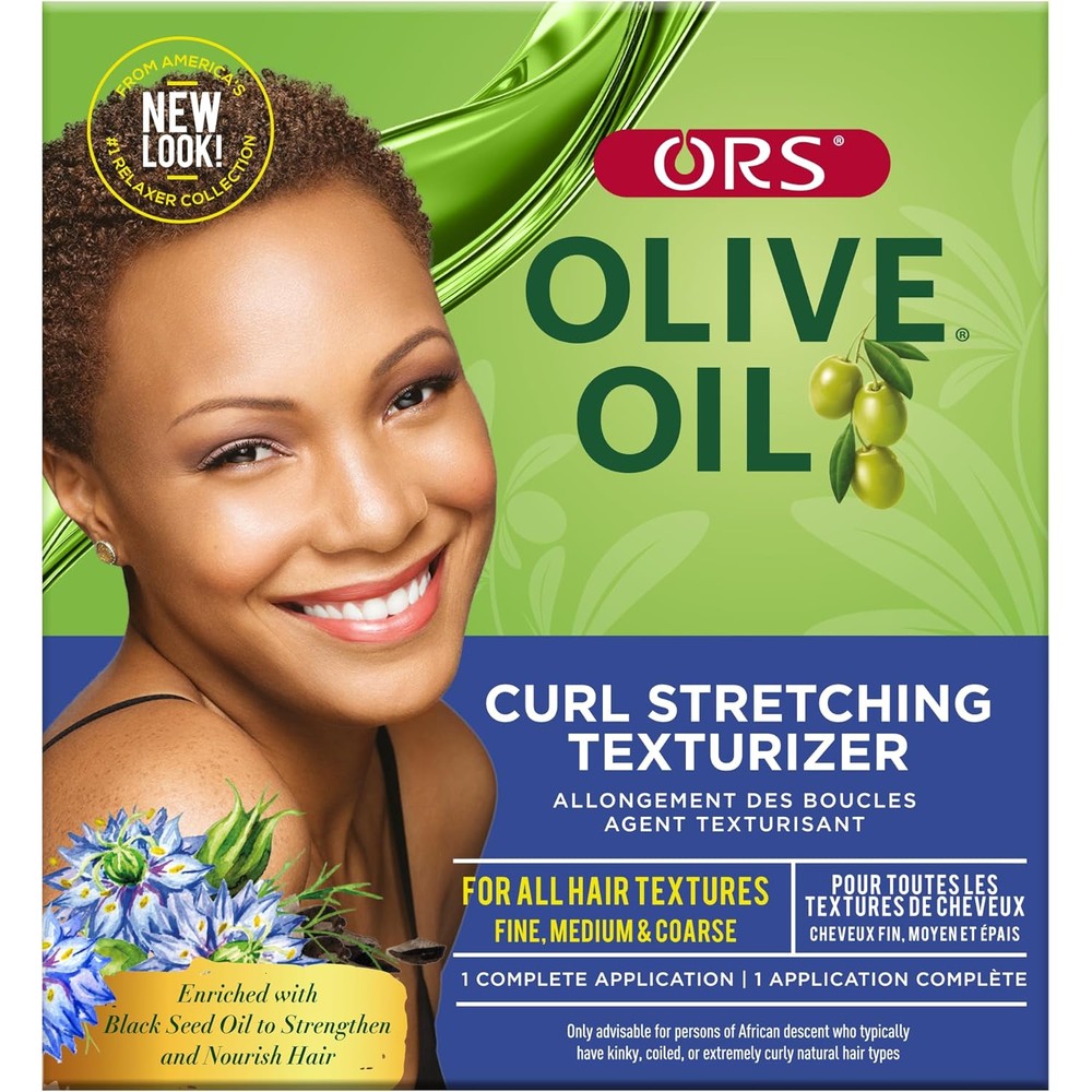 ORS Olive Oil Curl Stretching Texturizer Kit front box view showcasing exotic oils hair treatment