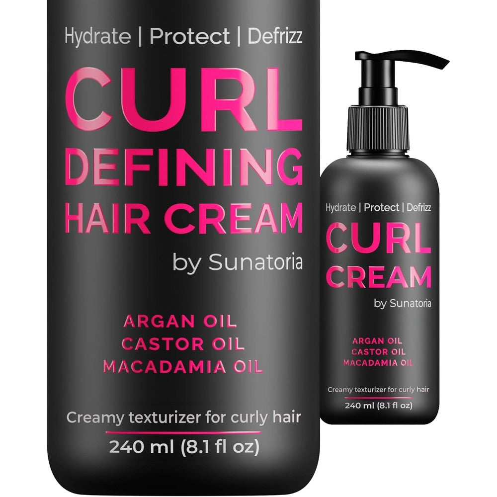 Sunatoria Curl Cream front view of the 8.1 fluid ounce bottle showing lightweight leave-in curl defining cream branding