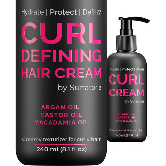Sunatoria Curl Cream front view of the 8.1 fluid ounce bottle showing lightweight leave-in curl defining cream branding