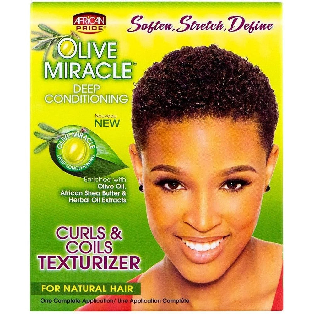 African Pride Olive Miracle Curls And Coils Texturizer Kit front view box packaging