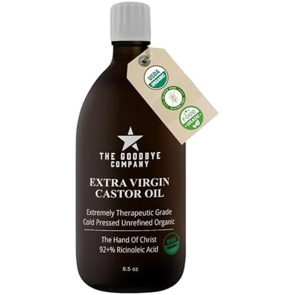 The Goodbye Company Organic Castor Oil front view glass bottle for hair growth