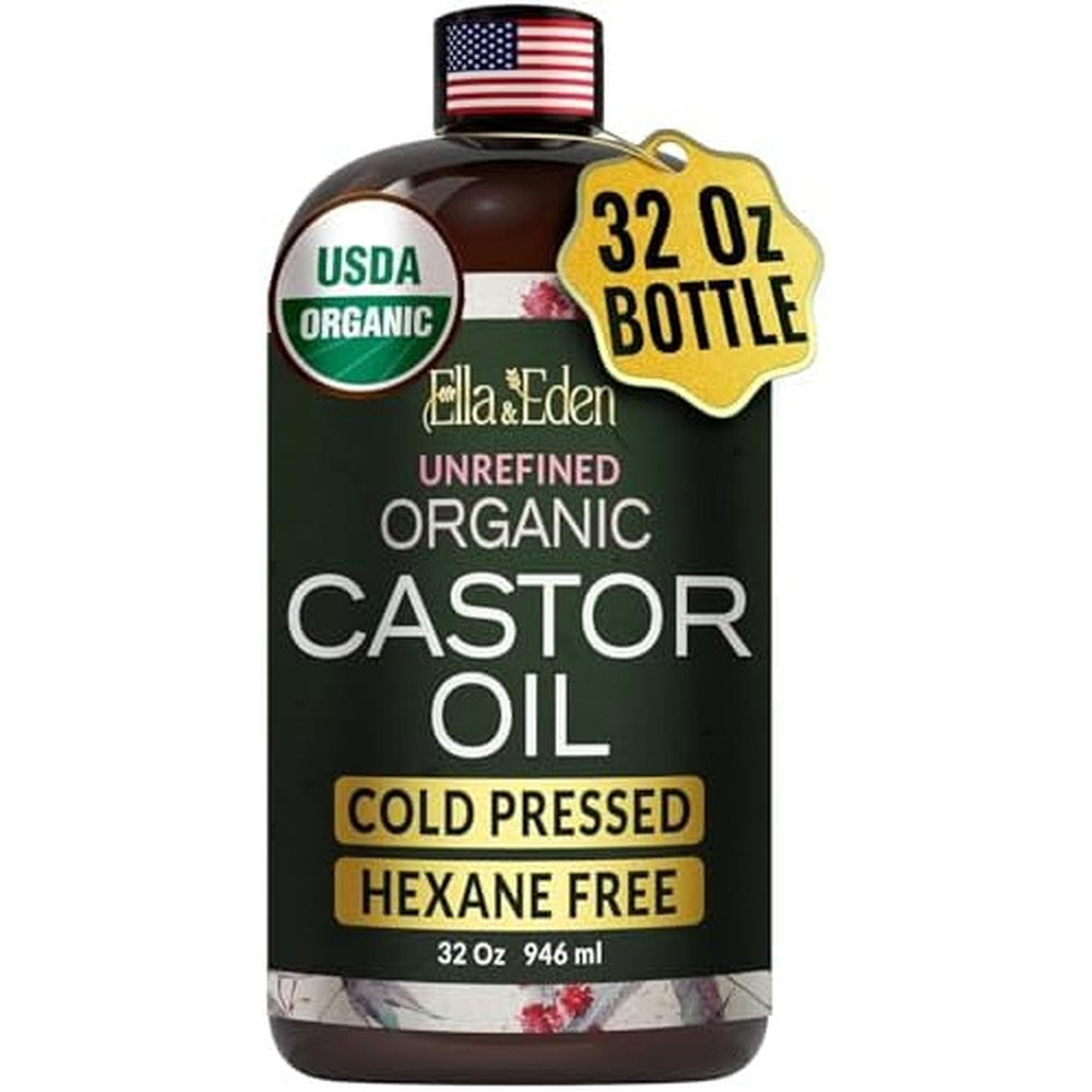 Ella & Eden Organic Castor Oil front view of the thirty two fluid ounce dark glass bottle