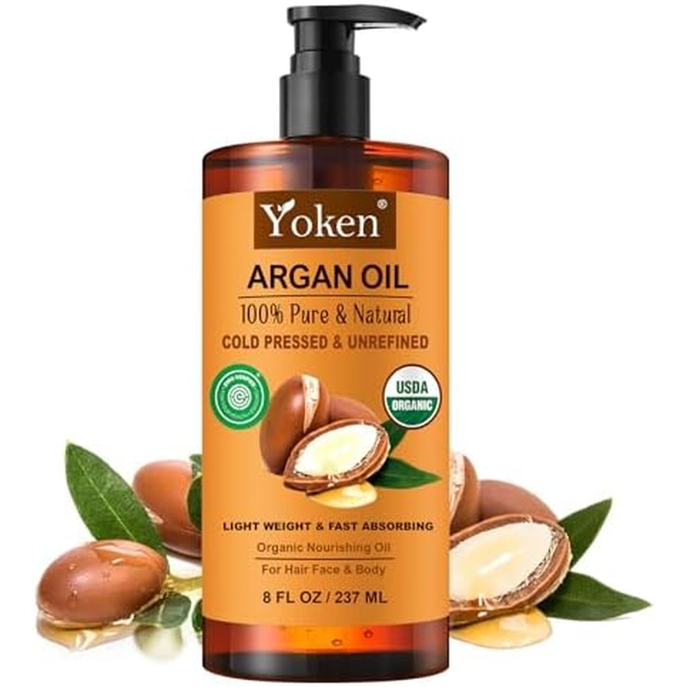 Yoken USDA Organic Moroccan Argan Oil bottle front view for hair and skin care