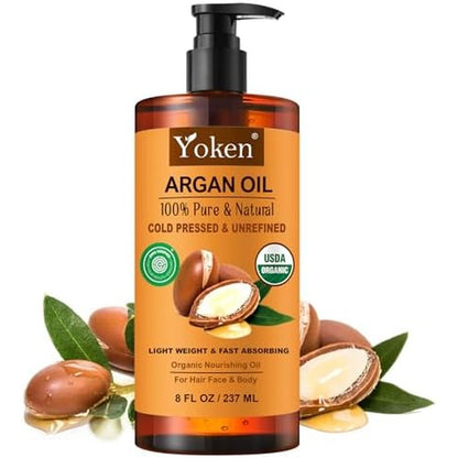 Yoken USDA Organic Moroccan Argan Oil bottle front view for hair and skin care