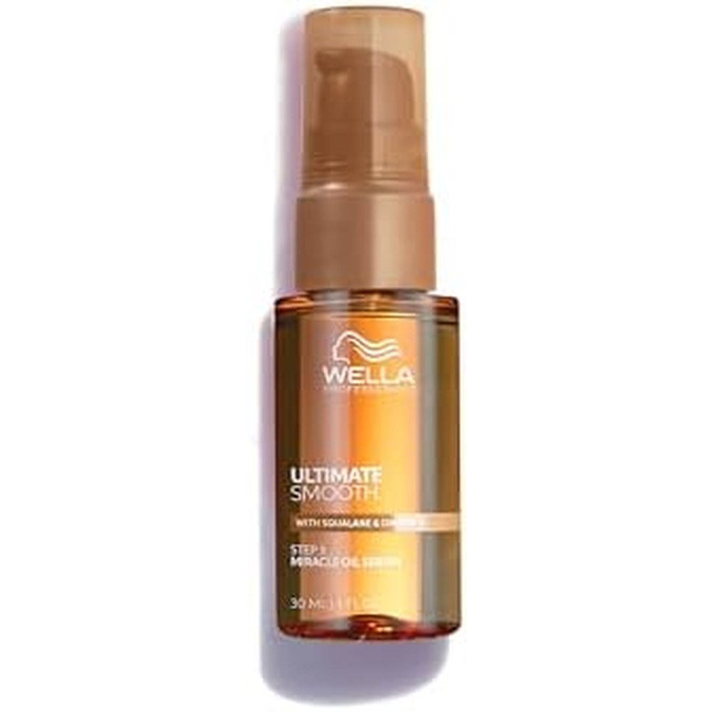 Wella Professionals Ultimate Smooth Miracle Oil Serum front view of thirty milliliters bottle for frizz control.