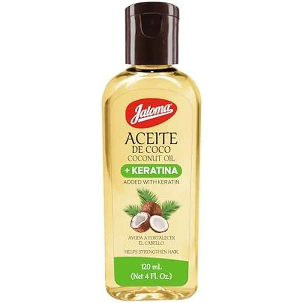 Jaloma Coconut Oil with Keratin four ounce bottle front view for hair strengthening treatment