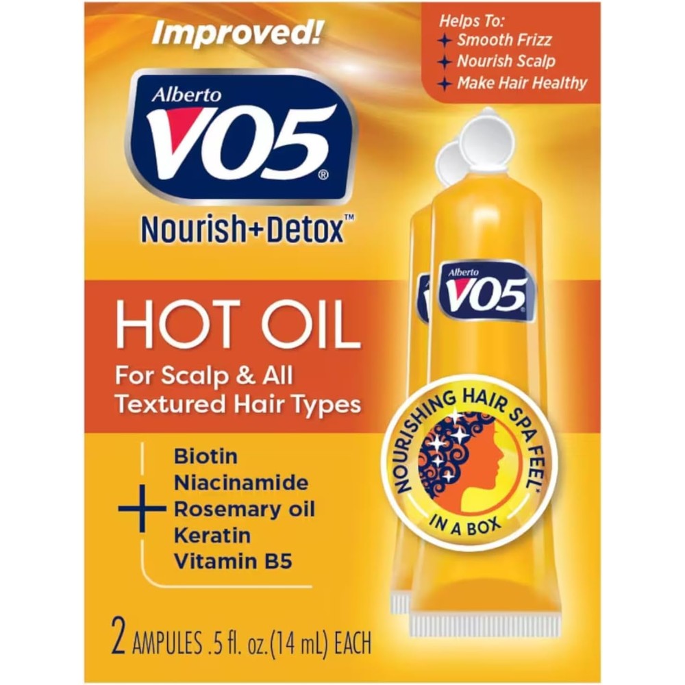 Alberto VO5 Moisturizing Hot Oil Hair Treatment pack front view highlighting the five oils and five vitamins formula for dry hair