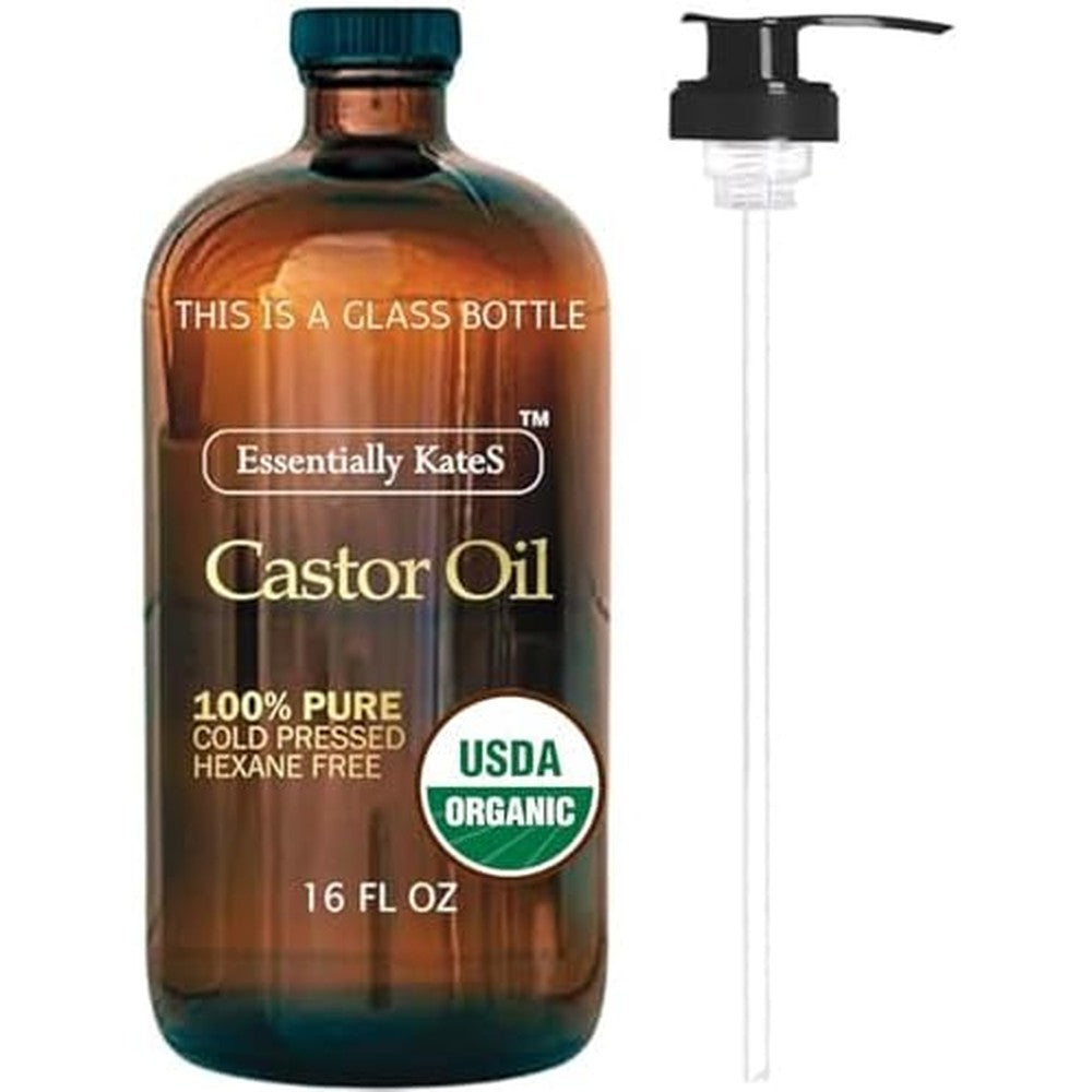 Essentially KateS Castor Oil 16 Fluid Ounce amber glass bottle front view showing USDA Organic label