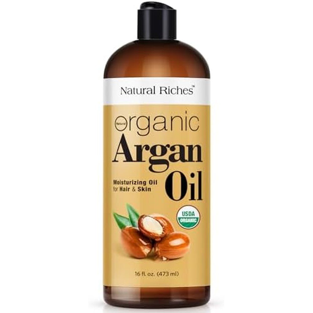Natural Riches Organic Argan Oil of Morocco 16 Fluid Ounce bottle front view showing pure hair serum labeling.