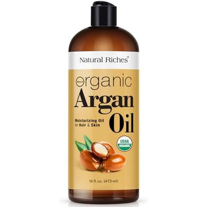 Natural Riches Organic Argan Oil of Morocco 16 Fluid Ounce bottle front view showing pure hair serum labeling.