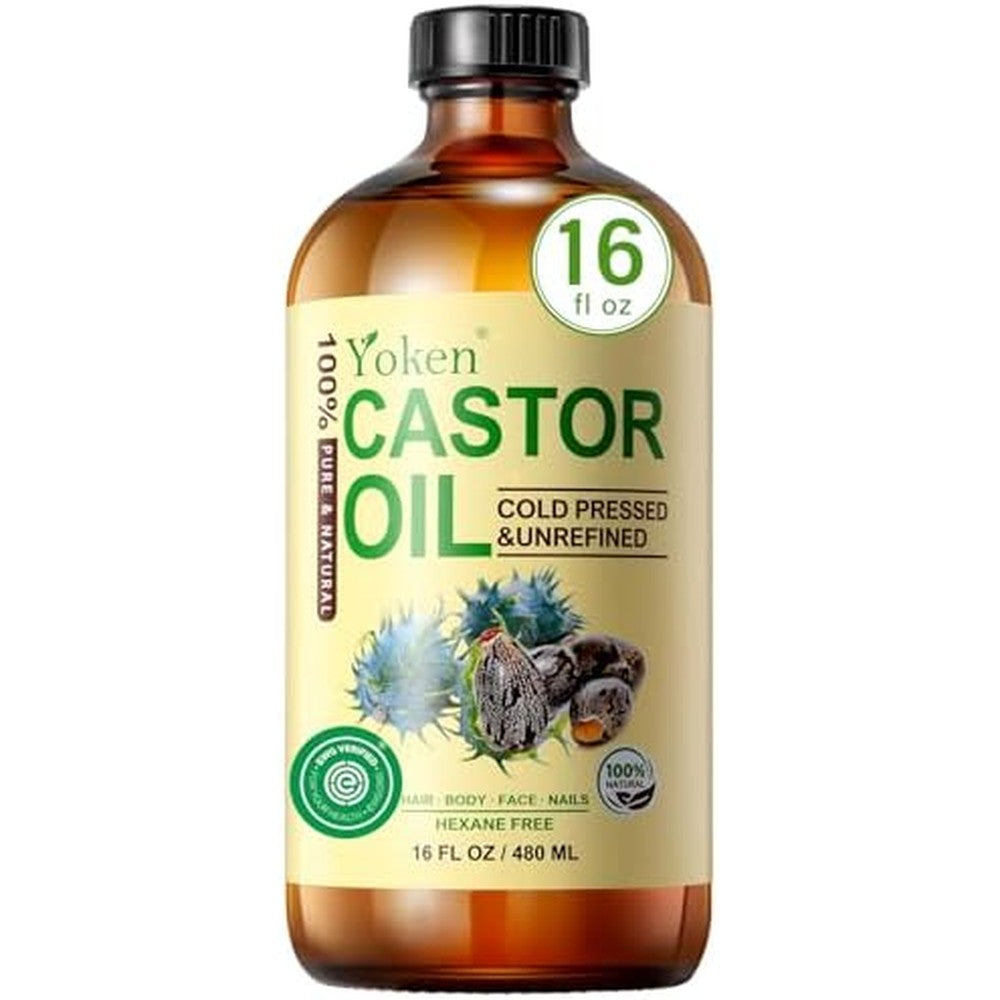 Yoken organic cold pressed castor oil front view of the sixteen fluid ounce amber glass bottle showing the pure natural labeling.