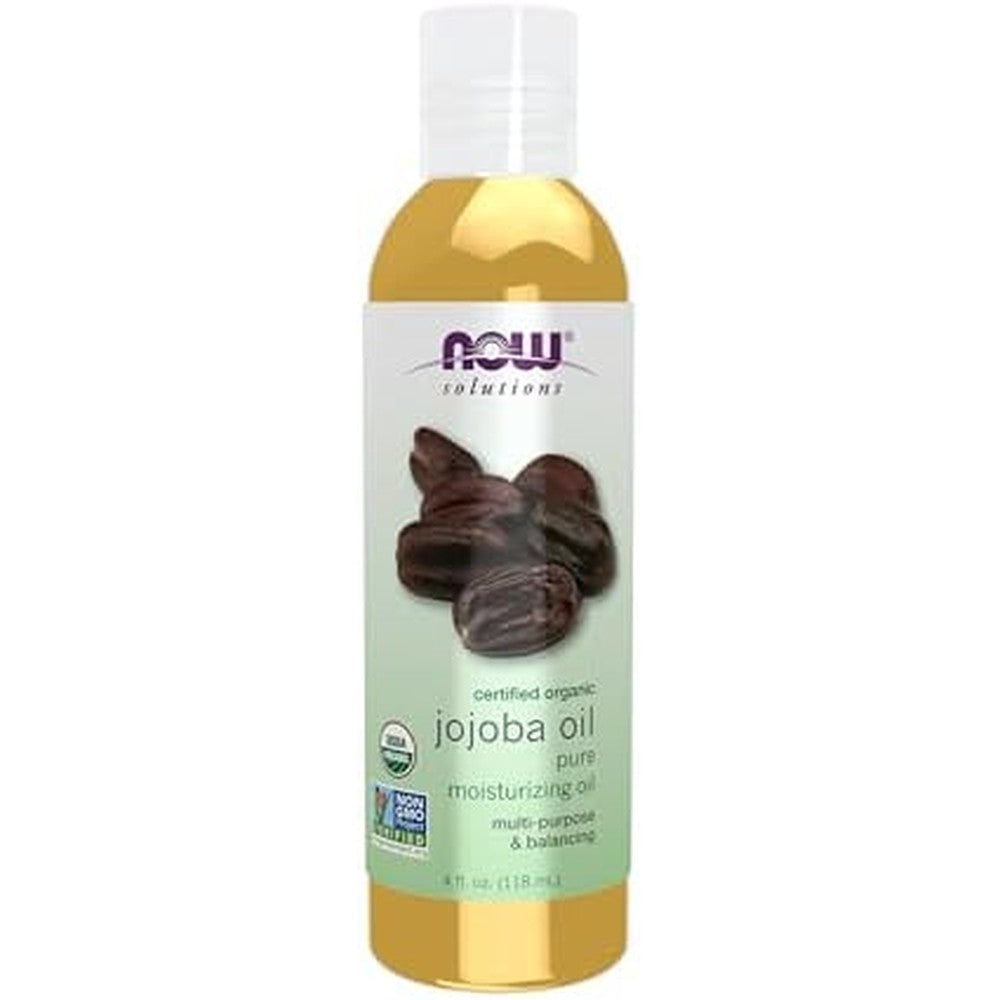NOW Foods Certified Organic Jojoba Oil 4 Ounce front bottle view showing USDA organic certification seal.
