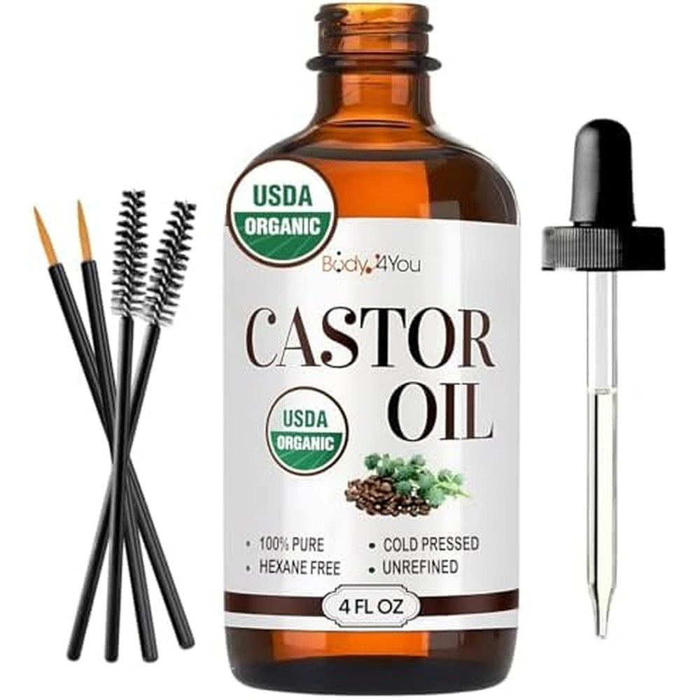BodyJ4You Organic Castor Oil front view of glass bottle for hair growth and lash enhancement.