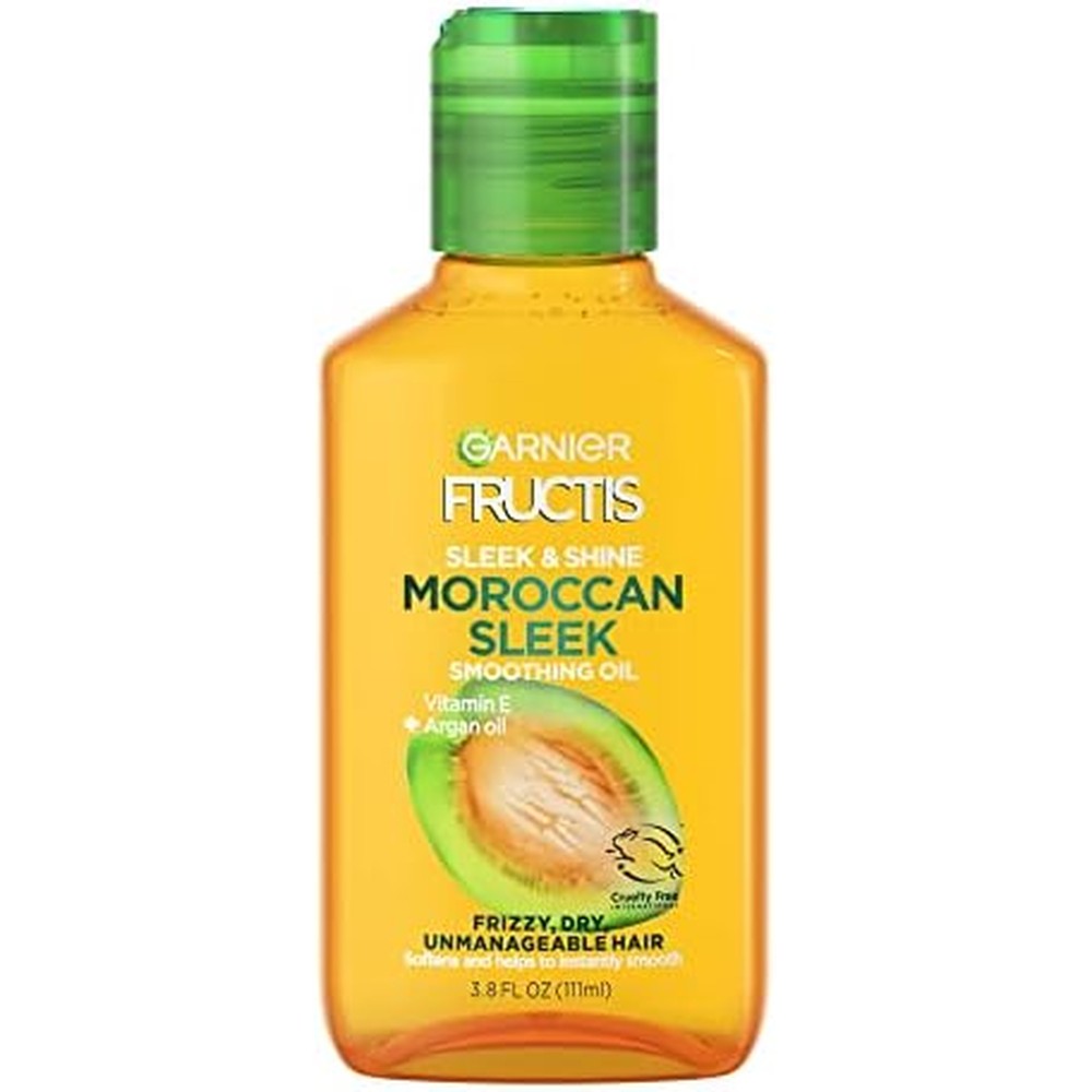 Garnier Fructis Sleek and Shine Moroccan Sleek Smoothing Oil front view bottle for anti-frizz hair care.