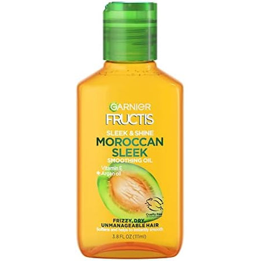 Garnier Fructis Sleek and Shine Moroccan Sleek Smoothing Oil front view bottle for anti-frizz hair care.