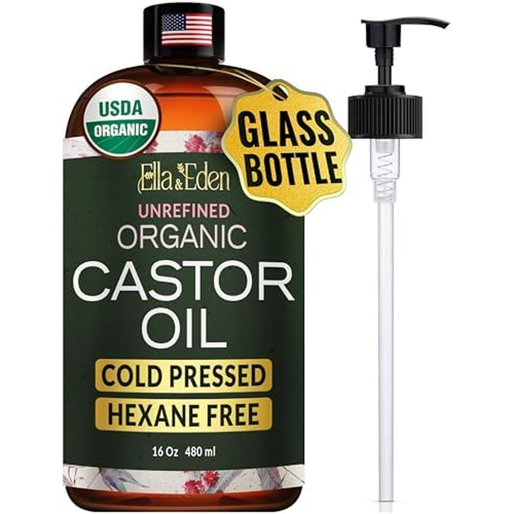 Ella & Eden Organic Castor Oil front view of the amber glass bottle with pump dispenser.